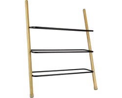 QUVIO Schoenenrek - 3 laags - Schoenenkast - Wand schoenenrek - 6/9 paar schoenen - Hout - Metaal - Lichtbruin - Zwart - 17,5 x 66,5 x 83 cm