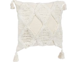 QUVIO Sierkussen Bohemian met franjes - Gevuld - Sierkussens voor binnen - kussentjes bank - Kussentjes - Sierkussens vierkant - Gevulde sierkussens - Sierkussens beige - Figuren sierkussens - Sierkussens - 45 x 45 cm - Jute - Beige