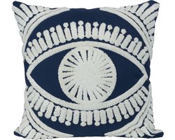 QUVIO Sierkussen met oog - Gevuld - Sierkussens voor binnen - kussentjes bank - Kussentjes - Sierkussens vierkant - Gevulde sierkussens - Sierkussens blauw - Figuren sierkussens - Sierkussens - Woonaccessoires - 45 x 45 cm - Jute - Beige en blauw