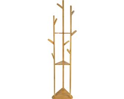 QUVIO Staande kapstok - Met 3 Legplanken - 9 haken - Boomdesign - Garderoberek - Scandinavisch - Decoratie kapstok - Hout - Lichtbruin - 32,5 x 36 x 164 cm