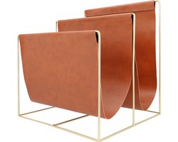 QUVIO Tijdschriftenhouder - Postrek - Boekenrek - Post organizer - Postvak - Tijdschriftenrek - Lectuurrek - 2 vakken - Metaal en PU leer - Lichtbruin - Goud