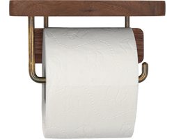 QUVIO Toiletrolhouder met plank - Toiletrolhouders - Toilet accessoires - Toiletborstels - Hout - Metaal - Goud - 10 x 18 x 10 cm