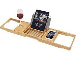 QUVIO uitschuifbare Badplank verstelbaar - Geschikt voor elk bad tot 104 CM - Boekenhouder en Tablethouder - Badplank van bamboe - Badcaddy - Badkuiprekje - Bad rek - Badbrug - Badtafel - Wijn in bad