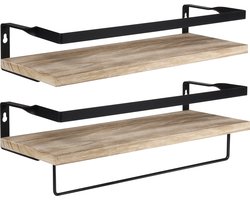 QUVIO Wandplank Set van 2 - Industrieel Wandrek - Decoratieve Muurplank van Hout en Metaal - Wanddecoratie voor Woonkamer, Keuken of Hal - 14 x 40 x 21 cm - Zwart en Bruin