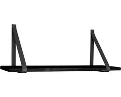QUVIO Wandplank – Wandplank zwevend – Wandplank hout – Muurplank – Wandplanken – Houten wandplank – Wandplankje – Zwarte wandplank – Wandplankjes – Muurplanken – Wandplank met lederen banden – 80x20 cm – Hout - Zwart