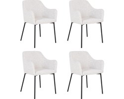 QUVIO Witte eetkamerstoelen Lima - Eetkamerstoel - Eetkamer stoelen - Eetkamerstoel met armleuning - Bouclé - Staal - Wit - Set van 4