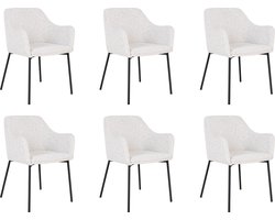 QUVIO Witte eetkamerstoelen Lima - Eetkamerstoel - Eetkamer stoelen - Eetkamerstoel met armleuning - Bouclé - Staal - Wit - Set van 6