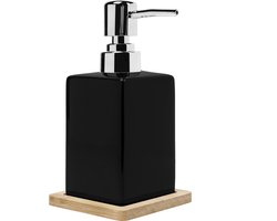 QUVIO Zeepdispenser met houten onderzetter / Zeeppompje / Zeep / Handzeep / Zeephouder - 300 ml - Zwart