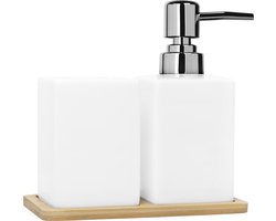 QUVIO Zeepdispenser met tandenborstelbeker + houten onderzetter / Zeeppompje / Zeep / Handzeep / Zeephouder - 300 ml - Wit