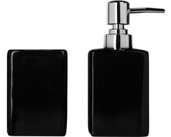 QUVIO Zeepdispenser met tandenborstelbeker + houten onderzetter / Zeeppompje / Zeep / Handzeep / Zeephouder - 300 ml - Zwart