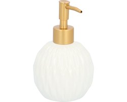 QUVIO Zeepdispenser - Rond - Zeeppompje - Zeepdispensers - Zeephouder - Staand - Douchegeldispenser - Desinfecteerpompje - Keramiek - Met metalen pompje - Wit met goud - 400 ml