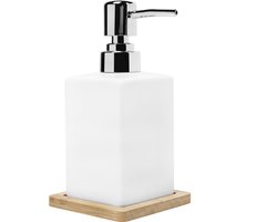 QUVIO Zeepdispenser voor handzeep - Met houten onderzetter - Zeeppomp - 300 ml - Wit