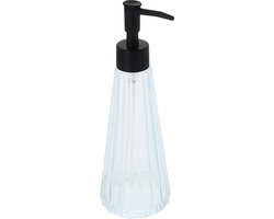 QUVIO Zeepdispenser - Zeeppompje - Zeepdispensers - Zeephouder - Staand - Douchegeldispenser - Desinfecteerpompje - Glas - Met metalen pompje - Transparant - Zwart - 300 ml - 8 x 8 x 22 cm
