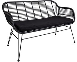 QUVIO Zwarte tuinbank Thom - Stalen tuinbankje - Met kussen - Staal - PE Rattan - Zwart