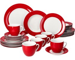 Quvo® Serviesset 30 Delig - 6 Persoons - Compleet Servies - Wit/Rood - 21cm x 21cm x 8cm "