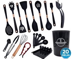 QuX - 20-Delige Keukengerei Set – Kookgereedschap - Keuken accessoires – Anti-kras – Keukenset – Kook accessoires – Kookgerei - Servies set – Keukenbenodigdheden – Kookbenodigdheden - Complete keukengerei set - Premium kookgerei - Zwart brons