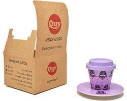 Quy Cup - 90ml Ecologische Reis Beker - Espressobeker “Owl” met schotel en Purple Siliconen deksel Set 1 Espresso Cup with Dish