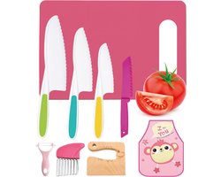 Qwali XL Montessori Kinder messen Set - 9 Delig - incl. snijplank en schort - Veilig - Koken - Bestek Mes - Mesjes voor kinderen - Keuken mes