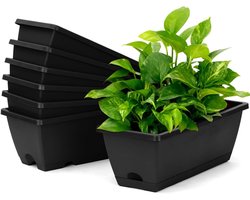 Raambak Planter voor Vensterbank Terras - 43 cm - Rechthoekige Bloempot met Afvoergaatjes en Onderzetters - Set van 7 - Zwart
