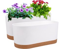 Raamboxen, plantenbakken, 40 x 17,8 cm, zelfbewaterende potten met afvoergaten en dienbladen, moderne decoratieve bloempot voor alle kamerplanten, bloemen, kruiden (wit), 2 stuks