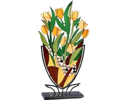 Raamdecoratie Tiffany glas- vaas met tulpen geel amber bruin - glas en metaal 29x10.x57 cm handgemaakt uniek exemplaar