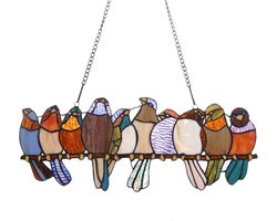 Raamdecoratie Tropische Vogels - Glas-in-lood paneel - Woonkamer Decoratie - Handgemaakt Tiffany Stijl - 48 cm breed - Multicolor