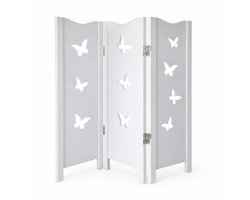 Raamscherm wit hout – 3 panelen – vlinder uitsnede – 60 cm hoog – vensterscherm tegen inkijk