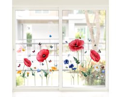 Raamstickers - rode bloem - klaproos raamstickers - decoratieve glasstickers - vlinderbloem - lente en zomer - raamstickers - woonkamer slaapkamer keuken decoratie - statische raamstickers - niet-klevend - kleur - 30*54 cm