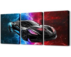 Race car wall art for living room red and blue sports car canvas wall decoration for kids boys cool extreme artwork posters, tie-dye lightning artwork posters abstract home bedroom