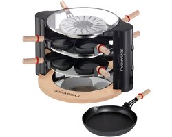 Raclette Grill - Binnen Grill - Gezellig Eten - Dubbele Kookstanden - 8 Pannetjes - Licht Hout