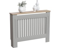 Radiatorombouw - "Grijze Moderne Radiatorafdekking: Stijlvolle MDF-kast met Latten, Grill en Houten Plank Bovenop - Creëer een Strakke en Gezellige Ruimte met Dit Medium Formaat Ontwerp!"