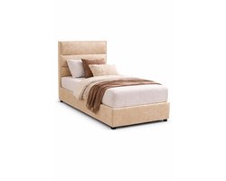 RAHA BED Luxe Gestoffeerd Eenpersoonsbed 90x200 Beige Velvet Inclusief Matras