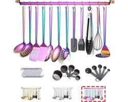 Rainbow keukengereiset 37-delig, roestvrijstalen keukengereiset met titanium regenboogdeksel, keukengereedschapset met bestekhouder, kooklepelset, vaatwasmachinebestendig