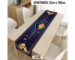 Ramadan Kareem Tafelkleed Versiering | Eid Mubarak Decoratie Tafelloper | Suikerfeest Party Feest (35cm x 180cm) - Blauw / Goud