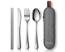 RAMBUX® Bestekset - Reisbestek - Camping Bestek - RVS Bestek To Go met Etui incl. Stokjes - Grijs