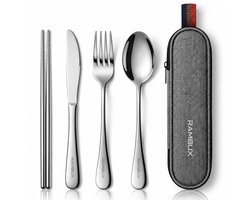 RAMBUX® Reisbestek Set - Bestek To Go - Meeneem Bestek SUS304 RVS - Mes, Vork, Lepel & Eetstokjes - Met Etui - Camping Bestek - Grijs