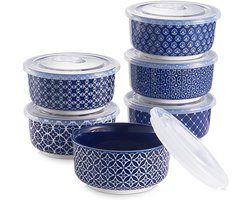Ramekins met deksels 8 oz - Porseleinen ramekin-gerechten voor crème brulee soufflé eivorm muffinhoesjes mini-dipkom - Vintage blauw - Pak van 6