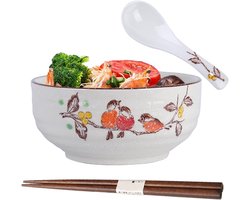 Ramen Bowl - Japanese Ceramic Bowl Set - Windows Bowl met Lepel en Chopsticks - Soepkommen - Saladeschalen