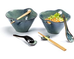 Ramen Bowl Set - keramische kom met eetstokjes, Japans lepel en lepelrust - voor 2 personen - Aziatisch servies - vaatwasser en magnetron bestendig