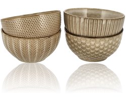 Ramen Kom Set – Set van 4 Aardewerk Kommen – Schaaltjes, Schalen en Fruitschaal – Soepkommen Zonder Oor - Serveerkommen Schaaltjes
