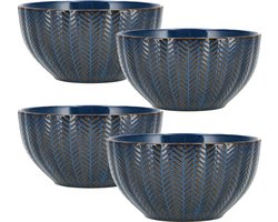 Ramen Kom Set van 4 – Ø14 cm Soepkommen - Aardewerk Kommen - Gebruikt als Schalen en Fruitschaal - Blauwe Serviesset