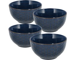 Ramen Kom Set van 4 – Soepkommen Ø14 cm - Aardewerk Kommen Zonder Oor – Gebruikt als Schalen en Fruitschaal - Blauw