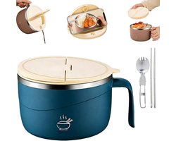 Ramenkom - 1200 ml ramenkom met deksel en handvat, geïsoleerde roestvrijstalen kom, inclusief vork en lepel, lekvrije soepkom, geschikt voor instantnoedels, pasta en maaltijden voor onderweg (blauw)(Accessoires niet inbegrepen)