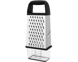 Raspen - 4 in 1 Handrasp met een Voorraaddoosje - Multifunctionele Torenrasp met Bakje - Rasp met Opvangbak - Roestvast Staal - Blokrasp - Gemberrasp - Kaasrasp - Citroenrasp - Dunschiller - Kaasschaaf (RVS)