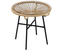 Rattan Bijzettafeltje Rond 50x50x50cm Beige Rattan Glazen Blad 30kg Draagkracht voor Buiten Woonkamer