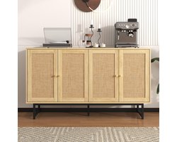 Rattan Design Dressoir 140x39,5x80 cm met 4 Deuren en Echt Vlechtwerk – Moderne Opbergkast met Gouden Handgrepen en Houten Look