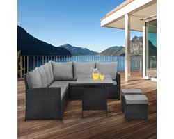 Rattan Lounge Set Hoekbank 4-6 Personen met Tafel en Kussens – 3-Delig Polyrattan Tuinset 200x200 cm Weerbestendig UV-Bestendig Balkon Terras Tuin Meubelen – Madison Deluxe – Urbanhome