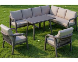 Rattan Loungeset Hoekbank 6-delig 240 x 180 cm – Luxe Tuinmeubel Set voor 8 Personen met Eettafel en Glasplaat, 2 Fauteuils & Stalen Frame – Weerbestendige Terras en Balkon Lounge – Urbanhome