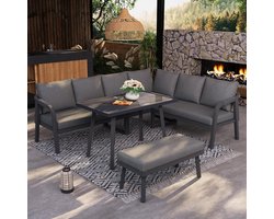 Rattan Loungeset Hoekbank 6-delig 240 x 180 cm – Luxe Tuinmeubel Set voor 8 Personen met Eettafel en Glasplaat, 2 Fauteuils & Stalen Frame – Weerbestendige Terras en Balkon Lounge – Urbanhome