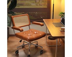 Rattan Luxe Bureaustoel – Verstelbare Leren Draaistoel met Armleuningen & Rieten Rugleuning – Ergonomische Thuiswerkstoel voor Kantoor, Woonkamer & Kaptafel – Retro Design, Comfortabele Zit Alta